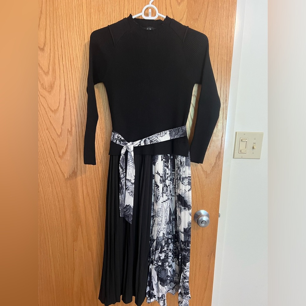 Kaimilan Black Knit Midi Dress with Printed Panel and Waist Sash